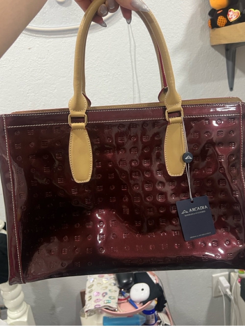 Arcadia Burgundy Patent Tote with Tan Handles NWT